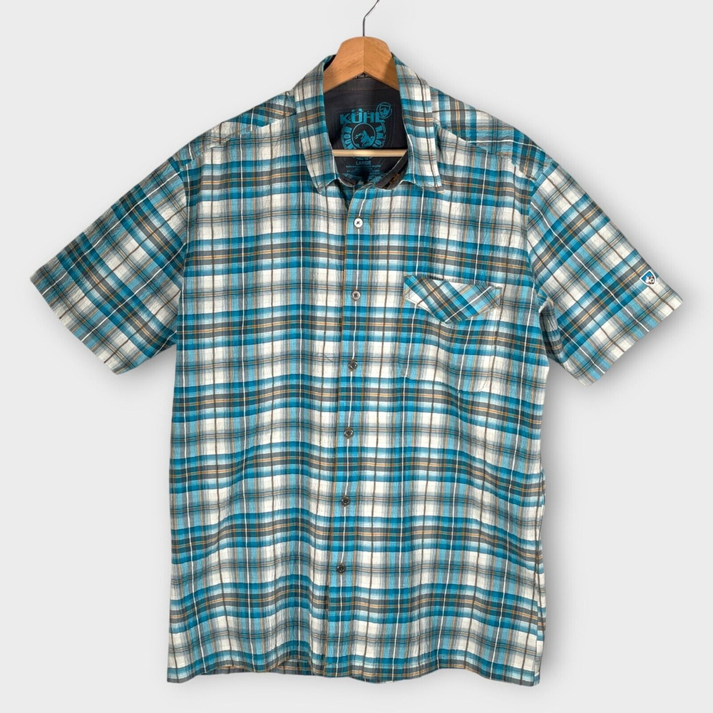 Kuhl Shirt Mens LARGE Mountain Grown Short Sleeve Button Up Blue Hiking Outdoor